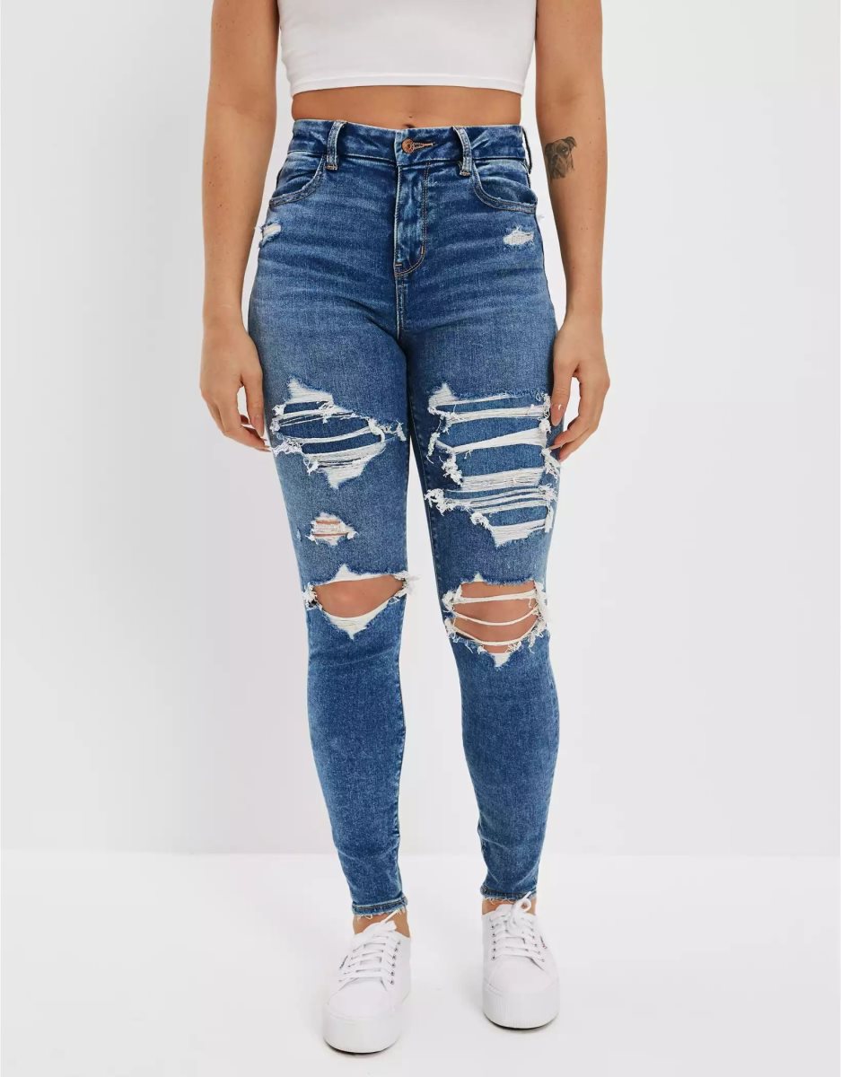 Jean American Eagle AE Ne(x)t Level Patched Curvy High-Waisted Jegging Bleu Femme | LPZ-31818783